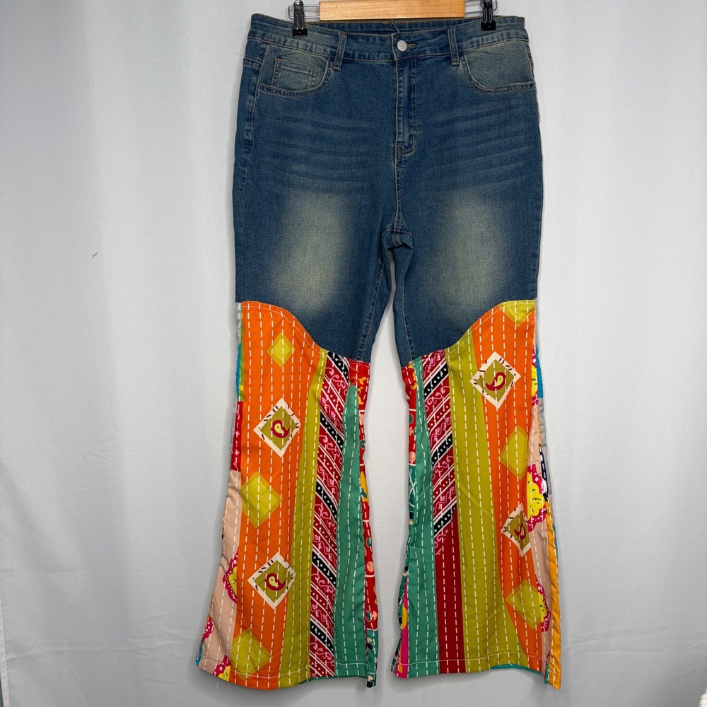 Womens High Rise Patchwork Flare Jeans Multi Color Boho Bell Bottoms XL